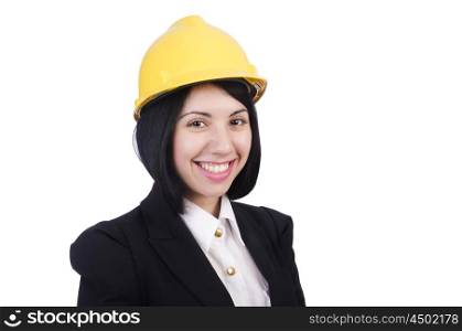 Woman construction worker with helmet isolated on white