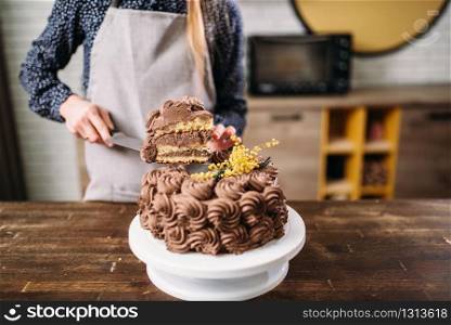 Woman cook holds piece of chocolate cake on the blade, culinary masterpiece. Kitchen on background. Homemade sweet dessert. Woman holds piece of chocolate cake on the blade