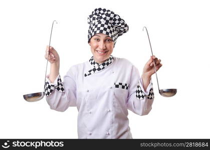 Woman cook with ladle on white