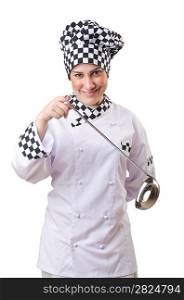 Woman cook with ladle on white