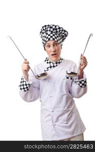 Woman cook with ladle on white