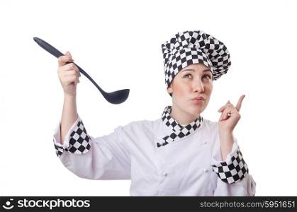 Woman cook with ladle on white