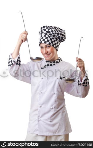 Woman cook with ladle on white