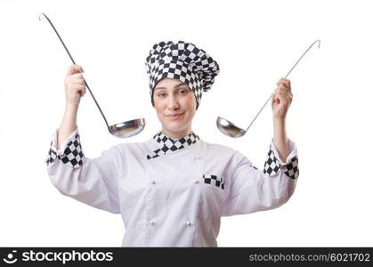 Woman cook with ladle on white