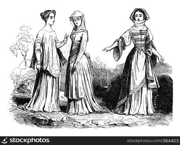 Woman Costume, 1384, vintage engraved illustration. Colorful History of England, 1837.