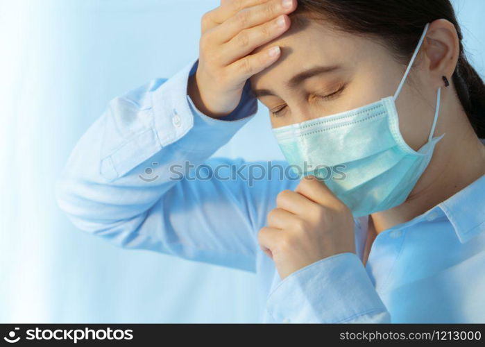 woman cough and sick with face mask protection, Coronavirus, air pollution, allergic sick woman with medical mask