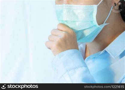 woman cough with face mask protection, Coronavirus, air pollution, allergic sick woman with medical mask