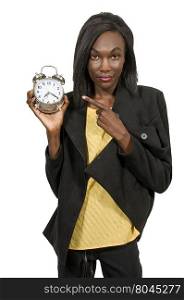 Woman counting the time on an alarm clock