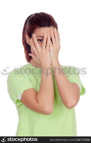Woman covering her face with hands isolated on white background