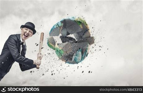 Woman crash Earth planet. Young emotional woman with baseball bat. Elements of this image are furnished by NASA
