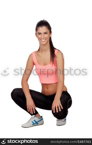 Woman crouching in their training isolated on white background