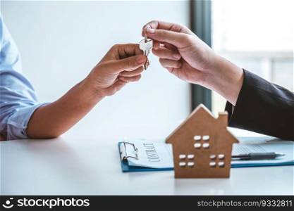 Woman customer sign agreement buying home ,salesman receive money after good deal after successful loan contract .