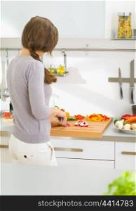 Woman cutting fresh vegetables in modern kitchen . rear view