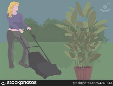 Woman cutting grass with a lawn mower