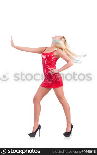 Woman dancing in red dress isolated on white