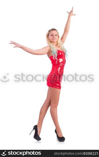 Woman dancing in red dress isolated on white