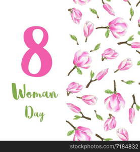 Woman day greeting card. Magnolia flowers watercolor design