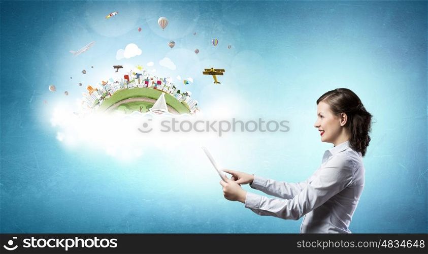 Woman demonstrating green life concept. Young woman presenting perfect ecology model with help of tablet pc