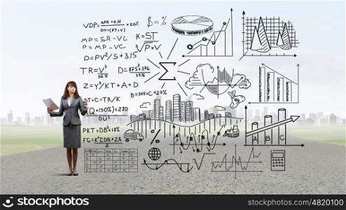 Woman demonstrating marketing plan. Young businesswoman drawing her strategy plan on screen