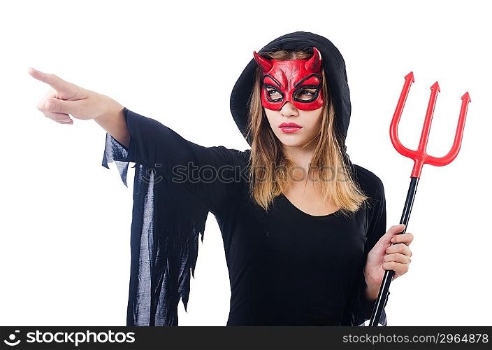 Woman devil with trident isolated on white