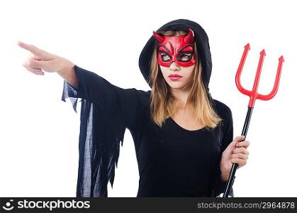 Woman devil with trident isolated on white