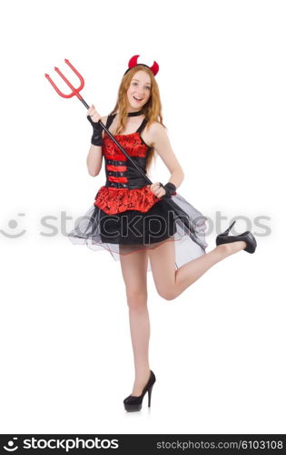 Woman devil with trident on white