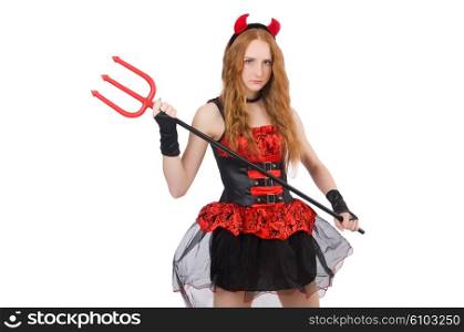Woman devil with trident on white