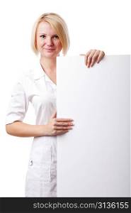 Woman doc with blank poster. Isolated over white.
