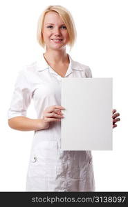 Woman doc with blank poster. Isolated over white.