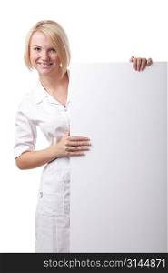 Woman doc with blank poster. Isolated over white.