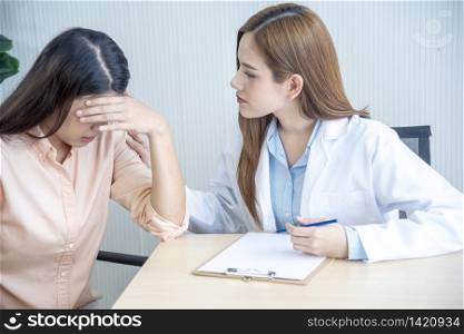 Woman doctor and patient consultation with professional specialist diagnostics at hospital medicare treatment clinic. Doctor writing prescription for medical health care therapy.