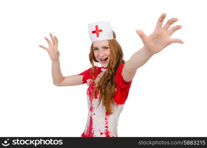 Woman doctor covered in blood in halloween concept