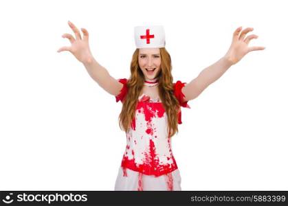 Woman doctor covered in blood in halloween concept