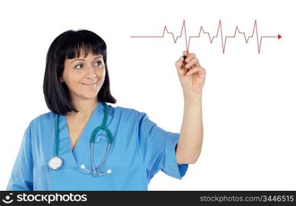 Woman doctor drawing a graphic on a over white background