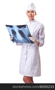 Woman doctor examining x-ray on white