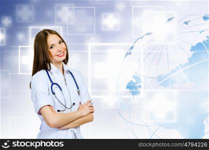 Woman doctor. Image of young woman doctor against media background