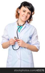 Woman doctor in a medical lab coat with stethoscope on a white background