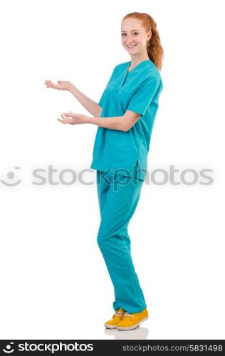 Woman-doctor in uniform holding hands isolated on white