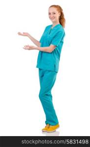 Woman-doctor in uniform holding hands isolated on white