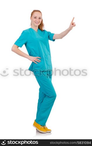 Woman-doctor in uniform pressing virtual buttons isolated on white