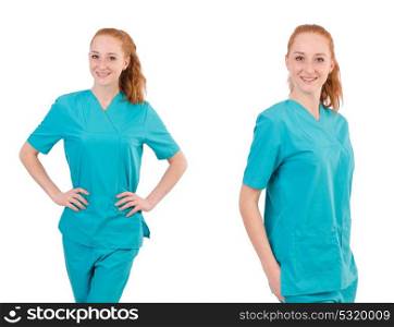 Woman- doctor in uniform thumbing up isolated on white