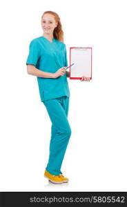Woman-doctor in uniform with binder isolated on white