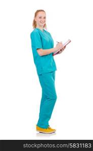 Woman- doctor in uniform writing in the binder isolated on white