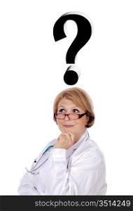 woman doctor thinking of diagnosis a over white background