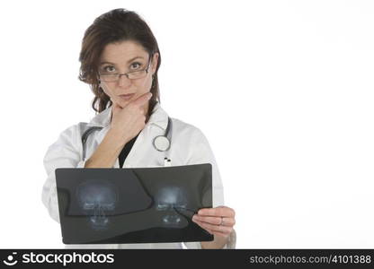 Woman doctor whit radiography a over white background