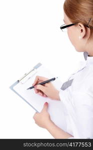 Woman doctor with a clipboard on a white background