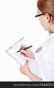 Woman doctor with a clipboard on a white background