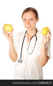 woman doctor with apple and lemon