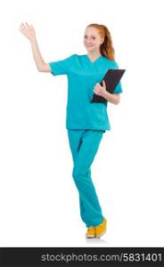 Woman-doctor with binder saluting isolated on white
