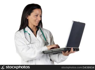Woman doctor with laptop a over white background